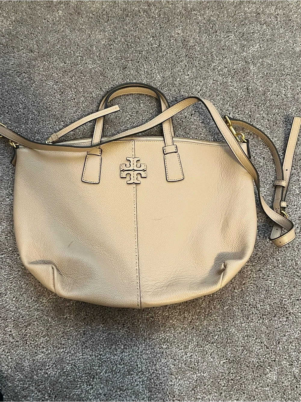 Tory Burch Tan Pebbled Leather Shoulder Bag with Logo